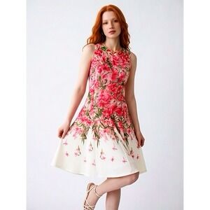 Laura Womens Pink Floral Print Fit and Flare Sleeveless Midi Dress Size 4